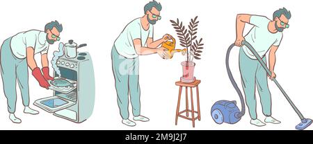 The man does household chores, cooks food in the oven, waters the plants and vacuums the floor. Responsible husband doing housework. Stock Vector