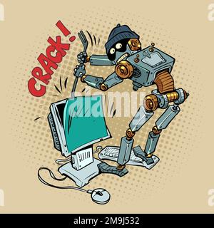 A humanoid robot robber and a thief in a cap hacks into your computer. The problem of security and authentication in the digital space. Attack of Stock Vector