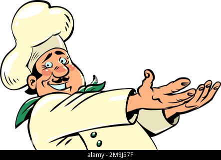 joyful chef man in white uniform, cooking profession, business Stock Vector