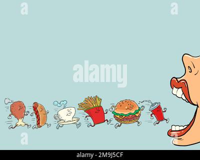 Fast food products characters go to mouth. Street restaurant. Burger fries drink cola chicken leg hot dog coffee cup Stock Vector