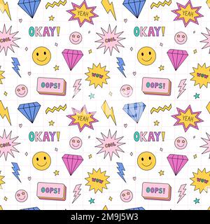 Bright seamless pattern in the style of the 90s. Colorful diamonds, lightnings, smile, speech bubbles and stars with words - cool, wow, yeah, oops. Nostalgia for the 1990s. Funny print. Stock Vector
