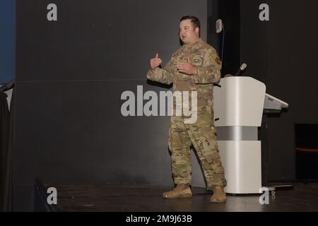 U.S. Air Force Staff Sgt. Taylor Lahteine, 435th Construction Training Squadron Explosive Ordnance Disposal contingency training instructor, delivers a  briefing during an EOD symposium at Ramstein Air Base, Germany, May 19, 2022. The 786th Civil Engineer Squadron EOD flight hosted U.S. Air Forces in Europe’s first EOD symposium with service members from Ramstein, the Royal Air Force and the Netherlands in attendance. Stock Photo