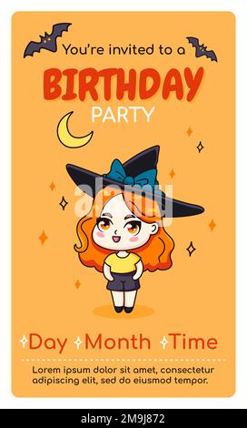 Happy birthday invitation card with anime girl. Stock Vector