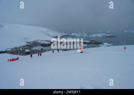 Tourists walking on the snow at Portal Point, which is on the Antarctic continent along the west coast of Graham Land, Antarctic Peninsula. Stock Photo