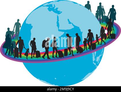 Migrantson on a rainbow around the earth Stock Vector