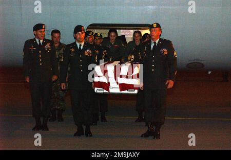 A US Army (USA) Honor Guard Team, from 1ST Battalion, 1ST Special Forces Group (Airborne) removes a flag draped tranfer case carrying the remains of USA Sergeant First Class (SFC) Mark Wayne Jackson from an aircraft at Kadena Air Base (AB) Okinawa, Japan. SFC Jackson was assigned to A/Company, 2nd Battalion, 1ST Special Forces Group (SFG) (Airborne), Operational Detachment Alpha 142, and was killed during a bombing attack at an open-air restaurant, outside the gate at Camp Enrile Malagutay, Zamboanga, Philippines. (Substandard image). Base: Kadena Air Base State: Okinawa Country: Japan (JPN) Stock Photo