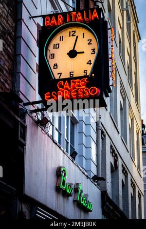 Famous Italian cafe in London's Soho,West End.A favourite with musicians especially because of nearby jazz club ronnie scotts.Great coffee! Stock Photo