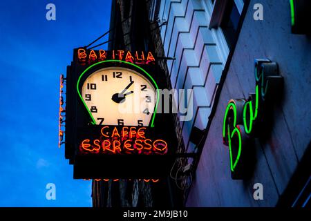 Famous Italian cafe in London's Soho,West End.A favourite with musicians especially because of nearby jazz club ronnie scotts.Great coffee! Stock Photo