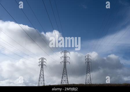 Three pylons carry power lines in the horizon with blue sky and white clouds. Stock Photo