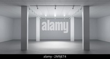 A white empty room, columns, spotlights, and an illuminated spot in the center. 3d render Stock Photo