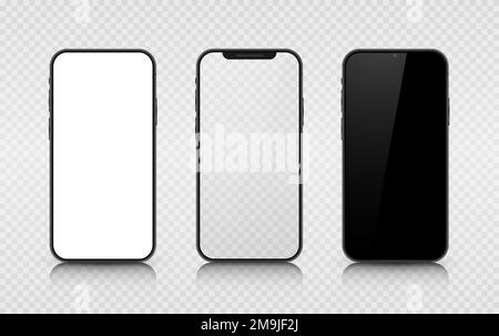 A set of three smartphones with white, transparent and black screens. Realistic 3D models of mobile phones with shadows and highlights. Stock Vector