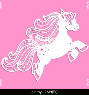 Unicorn silhouette. Template for laser cutting from paper, dnrva, metal. Cute childish magical character. For design toys, postcards, interior decorat Stock Vector