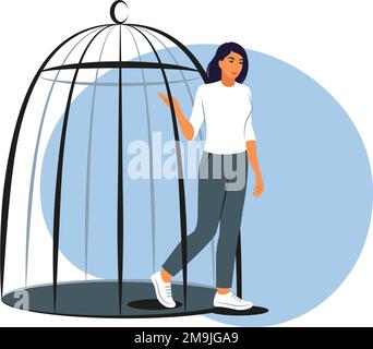 Woman getting out of cage. Happy girl becoming free, getting ready for new life without mental problems. Freedom and rehabilitation. Vector Stock Vector