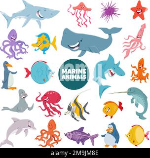 Cartoon illustration of funny marine animal characters big set Stock Vector