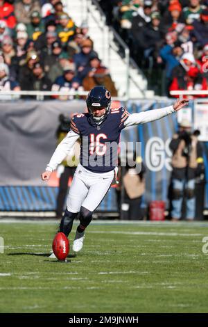 Chicago Bears punter Trenton Gill (16) during an NFL Preseason football  game against the Seattle Seahawks, Thursday, Aug. 18, 2022, in Seattle, WA.  The Bears defeated the Seahawks 27-11. (AP Photo/Ben VanHouten