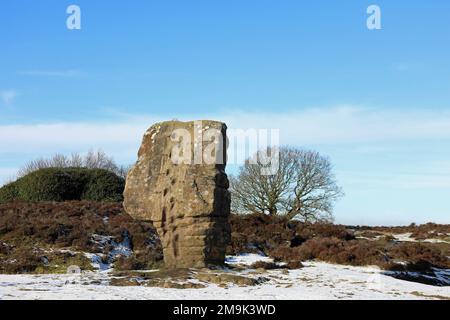 Natural sandstone pillar called the Cork Stone on Stanton Moor in the Derbyshire Peak District Stock Photo