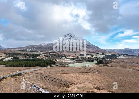 Aerial view of the snow covered Mount Errigal, the highest mountain in Donegal - Ireland Stock Photo
