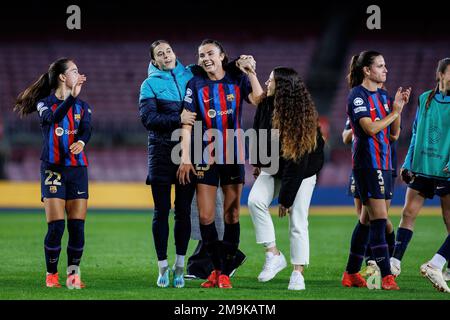 BARCELONA - DEC 21: Barcelona player celebrate the victory at the UEFA Women's Champions League match between FC Barcelona and FC Rosengard at the Spo Stock Photo