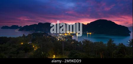 Night view of the city from Phi Phi island viewpoint. Long exposure ...