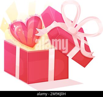 Opened red box with shining heart inside and with white ribbon bow on top. Stock Vector