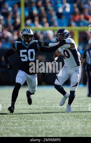 Denver Broncos linebacker Justin Strnad (40) warms up prior to an NFL  football game against the Carolina Panthers, Sunday, Nov. 27, 2022, in  Charlotte, N.C. (AP Photo/Brian Westerholt Stock Photo - Alamy