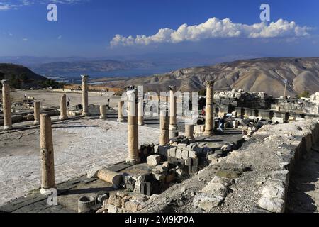 View over the Colonnaded courtyard of Umm Qais town, Jordan, Middle East Stock Photo