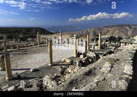 View over the Colonnaded courtyard of Umm Qais town, Jordan, Middle East Stock Photo