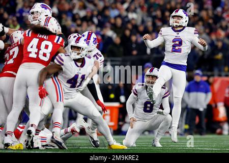 Buffalo Bills place kicker Tyler Bass (2) kicks a PAT during the