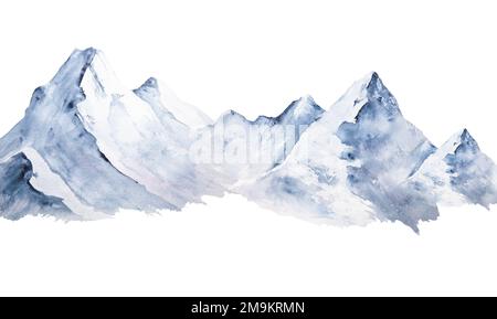 Watercolor illustration of picturesque snowy mountains isolated on white background, minimalist landscape. Can be used for cards, invitations, prints Stock Photo