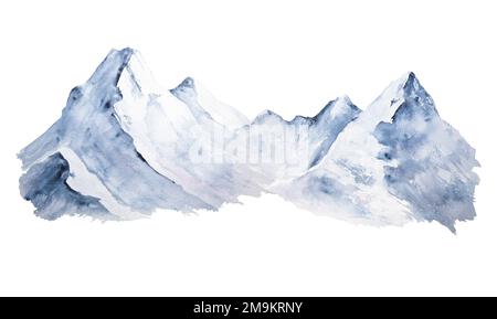 Watercolor illustration of picturesque snowy mountains isolated on white background, minimalist landscape. Can be used for cards, invitations, prints Stock Photo