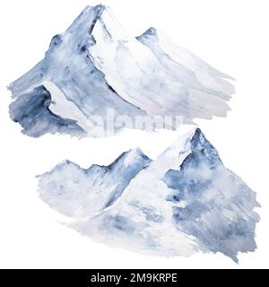 Watercolor illustration of picturesque snowy mountains isolated on white background, minimalist style, set. Can be used for cards, invitations, prints Stock Photo