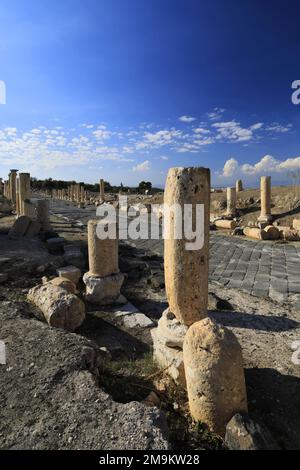 View over the ruins of the Decumanus Maximus street, Umm Qais town, Jordan, Middle East Stock Photo