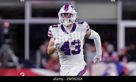 Buffalo Bills linebacker Terrel Bernard (43) celebrates after a stop during  an NFL wild-card football game Sunday, Jan. 15, 2023, in Orchard Park, NY.  (AP Photo/Matt Durisko Stock Photo - Alamy