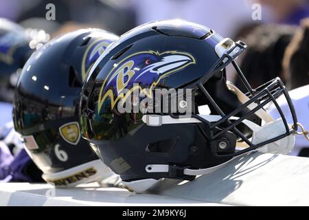 A Baltimore Ravens helmet is seen on the bench during the first half of an NFL  football preseason game against the Jacksonville Jaguars, Thursday, Aug. 8,  2019, in Baltimore. (AP Photo/Nick Wass