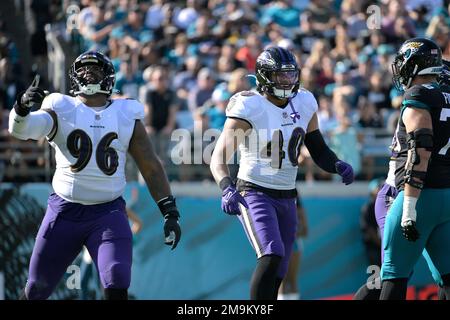 Baltimore, United States. 01st Jan, 2023. Pittsburgh Steelers running back  Jaylen Warren (30) is stopped by Baltimore Ravens defensive tackle  Broderick Washington (96) and linebacker Tyus Bowser (54) during the second  half