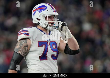 Buffalo Bills offensive tackle Spencer Brown (79) during the first half of  an NFL football game against the Tennessee Titans Monday, Sept. 19, 2022,  in Orchard Park, N.Y. (AP Photo/Adrian Kraus Stock