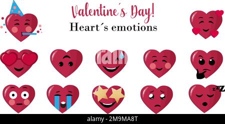 Set of heart facial emotions. Nice cartoon design of heart icons, collection emoji for Valentines Day. Stock Vector