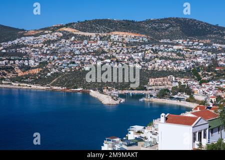 Panoramic view of Kalkan city ( old Greek name Kalamaki ) in beautiful cove, its stunning beaches and nature. On the shore of Turkey Lycian Coast Stock Photo