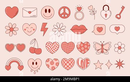 Hippie Valentines day romantic sticker collection. Groovy cute elements in trendy retro style. Vector illustration Stock Vector