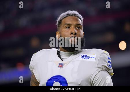 Wide receiver (3) Odell Beckham Jr. of the Los Angeles Rams stands for the  National Anthem before playing against the Arizona Cardinals in an NFL  football game, Monday, Dec. 13, 2021, in