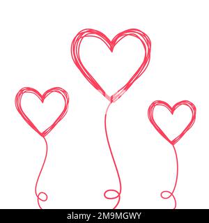 Tangled scribbled hearts on a string line like an air balloon or a flower, hand drawn with thin line and red ink. Isolated on white background. Vector Stock Vector