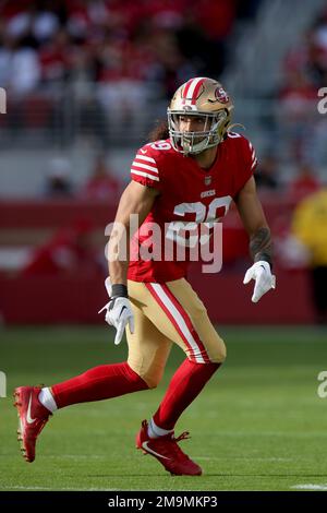 San Francisco 49ers safety Talanoa Hufanga (29) stands on the field during  an NFL football game against the Arizona Cardinals, Sunday, Jan.8, 2023, in  Santa Clara, Calif. (AP Photo/Scot Tucker Stock Photo 