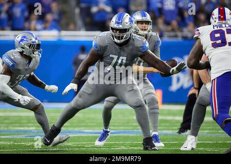 Detroit Lions guard Kayode Awosika (74) reacts at the conclusion of an NFL  football game against the New England Patriots, Sunday, Oct. 9, 2022, in  Foxborough, Mass. (AP Photo/Greg M. Cooper Stock