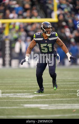 Seattle Seahawks linebacker Bruce Irvin (51) runs onto the field before  during an NFL football game against the New York Giants, Sunday, Oct. 30,  2022, in Seattle, WA. The Seahawks defeated the