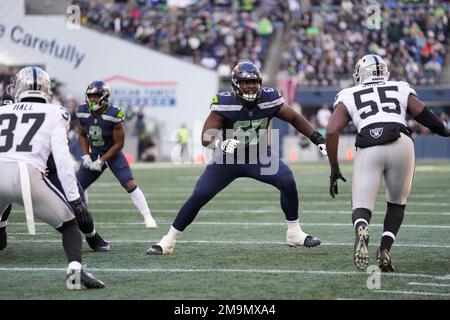 Seattle Seahawks offensive tackle Charles Cross (67) during an NFL football  game against the Arizona Cardinals, Sunday, Oct. 16, 2022, in Seattle, WA.  The Seahawks defeated the Cardinals 19-9. (AP Photo/Ben VanHouten