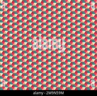 Colored in red bright hexagonal patterns with 3D effect drawing in retro style Memphis 60s Stock Vector