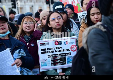 London, UK. 18th Jan, 2023. Downing street, January 17 2023. #NHSStrike day as NHS Staff, campaigners and activists Rally opposite 10 Downing Street. Credit: See Li/Picture Capital/Alamy Live News Stock Photo