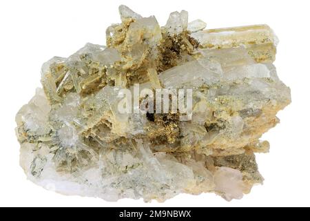 native gold on clear quartz from Eagle Mine, Colorado isolated on white background Stock Photo