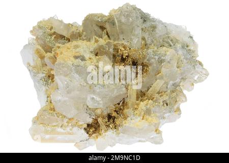 native gold on clear quartz from Eagle Mine, Colorado isolated on white background Stock Photo