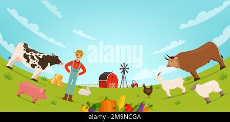 Farm horizontal landscape scene with farmer kids cartoon character ...